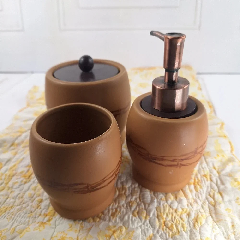 Country Living Barbwire Bath Set Rinse Cup Cotton/QTip Container Soap Pump Brown